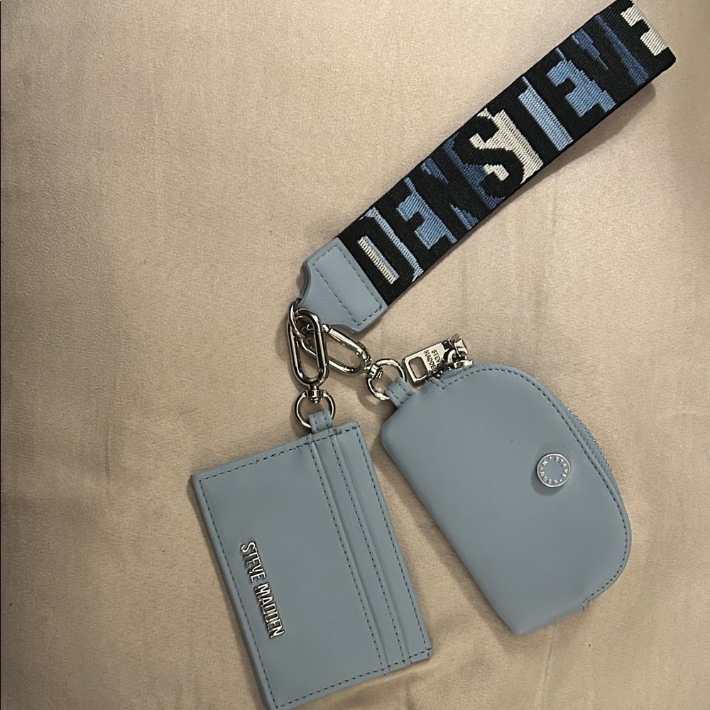 Steve Madden Light Blue Card Holder and Coin Pouch with Strap